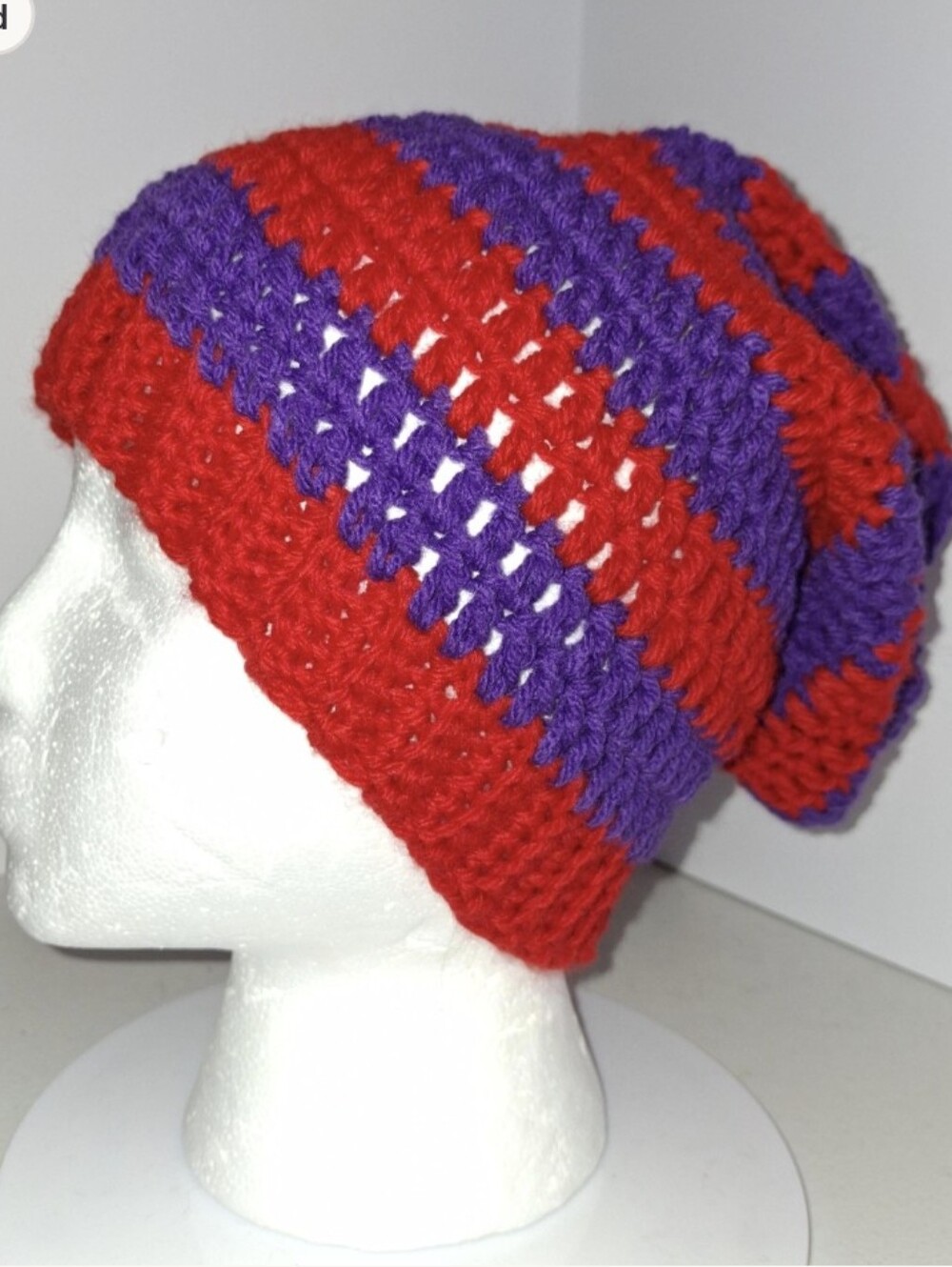 Beanie Slouchy Cap XL Red And Purple Striped Crocheted Handmade.